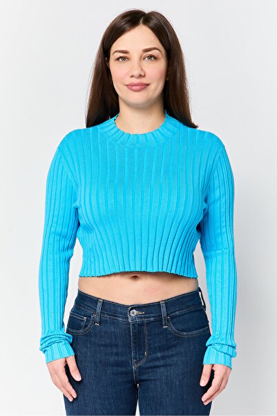Monki Women Mock Neck Long Sleeve Ribbed Top, Turquoise