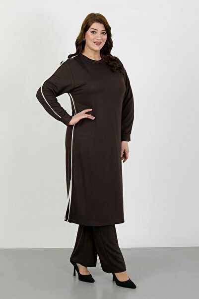 By Alba Collection Women's Brown Crystal Fabric Lycra Plus Size Track Suit Set