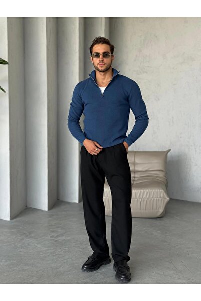 FO4RBS Kz015 Half Zipper Fisherman Knitted Collar Knitwear Indigo Blue