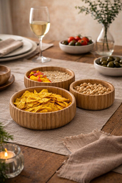 clasavm Bamboo 3-Piece Appetizer, Salad, Bread and Fruit Serving Set | Stripe...