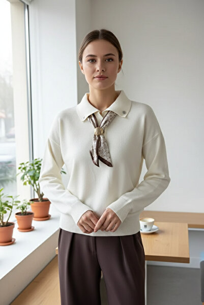 azragül giyim Women's Polo Collar Knitwear Blouse with Scarf and Brooch