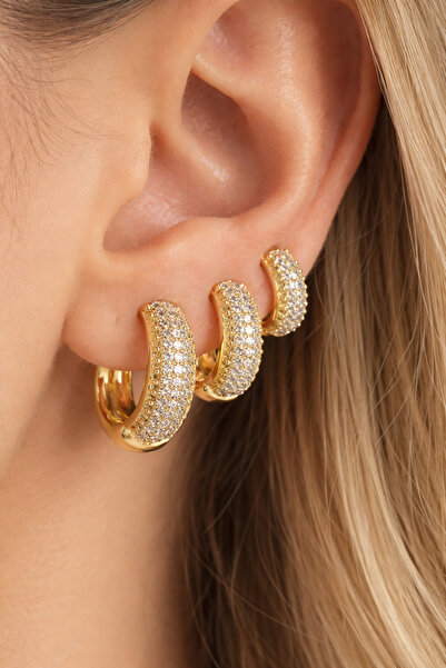 Vitastyle حلق فولاذي ذهبي اللون بتفاصيل حجرية بثلاثة أحجام مختلفة