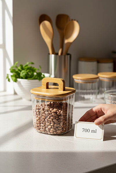 MİEN Bambu Kapaklı 700 ml Line (Çizgili) Cam Saklama Kavanozu