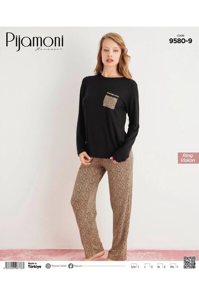 Pijamoni Ring Viskon Kumaş Leopar Desenli Uzun Kollu Pijama Takımı