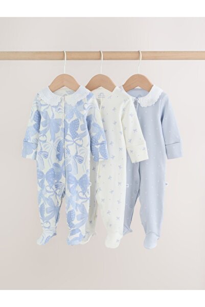 Next Baby Cotton Blue Floral Patterned Baby Collar 3-Piece Romper Set