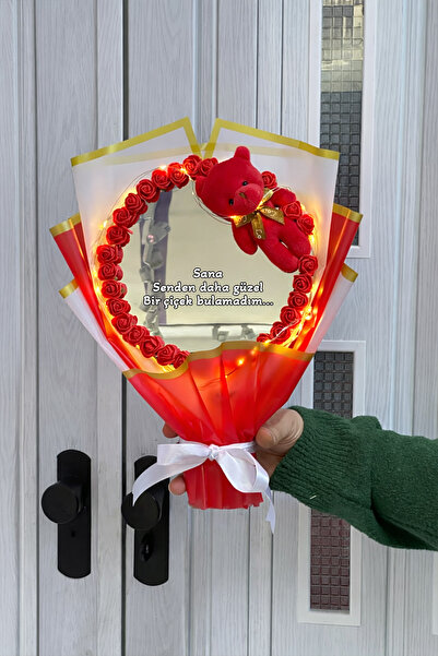 Zemtigo Led Işıklı Aynalı Ayıcıklı Kırmızı Gül Buketi Senden Daha Güzel Bir Ç...