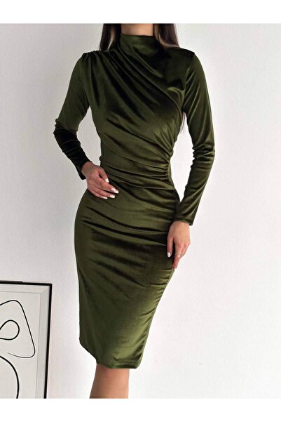 bm bessomoda fashion boutique Midi Length Velvet Dress with Side Ruffles
