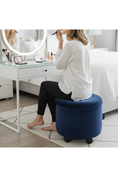 Ratemo Mobilya Lacivert Renk Kadife Tekerlekli Puf Tabure – Çok Amaçlı Oturma...