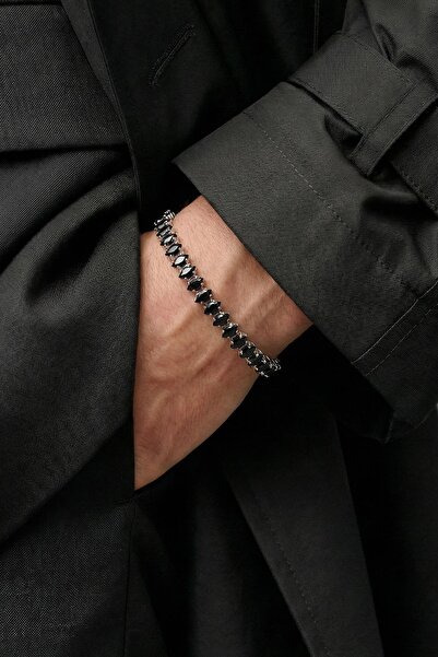 FRNCH Bronz Madenli Siyah Zirkon Taşlı Siyah Renk Tennis Erkek Bileklik FRJ12...