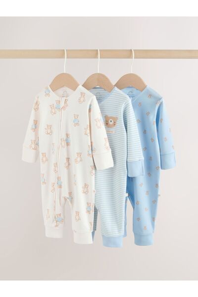 Next Baby Cotton White and Blue Teddy Bear Patterned 3-Piece Romper Set