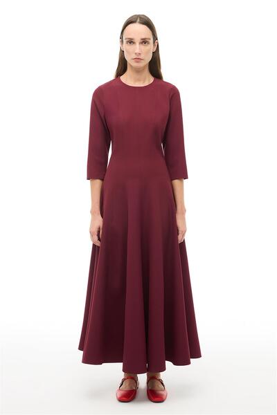 Perspective Burgundy Crew Neck Ankle Dress