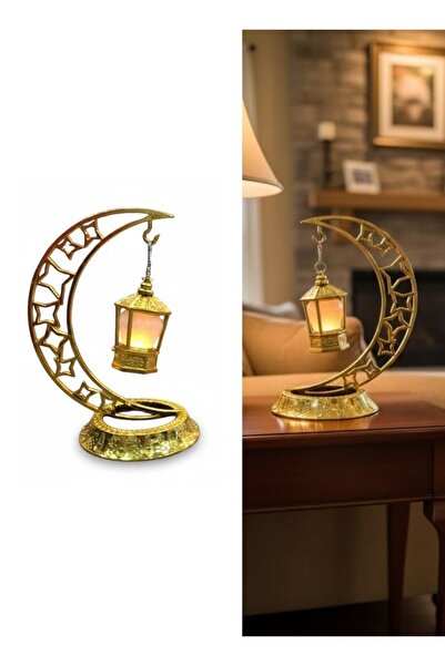 Premium Golden Crescent Moon Ramadan Lantern Table LED Decoration