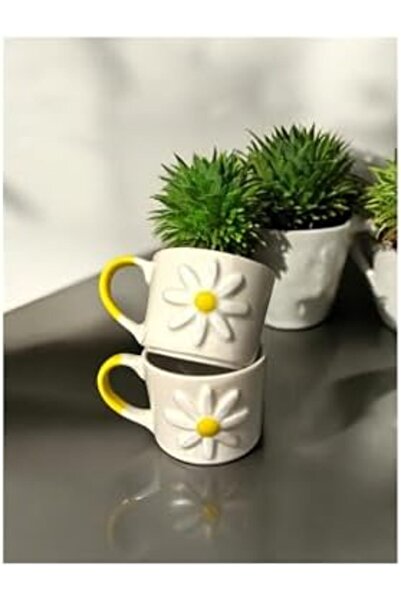 Nacario Nrcrioshop 2-Piece Handmade Daisy Model Embossed Ceramic Mug 1201248