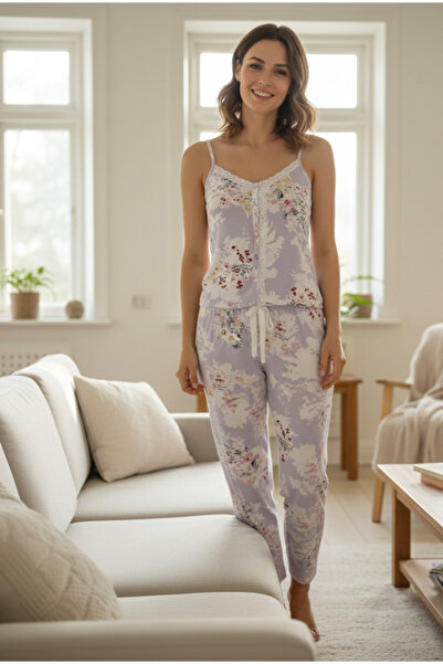 YusGos Women's Patterned Milan Cotton Front Tied Spring Strap + Long Pants Pa...