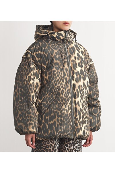 GANNI Leopar Şişme Mont, Kapüşonlu ve Geri Dönüşümlü Polyester