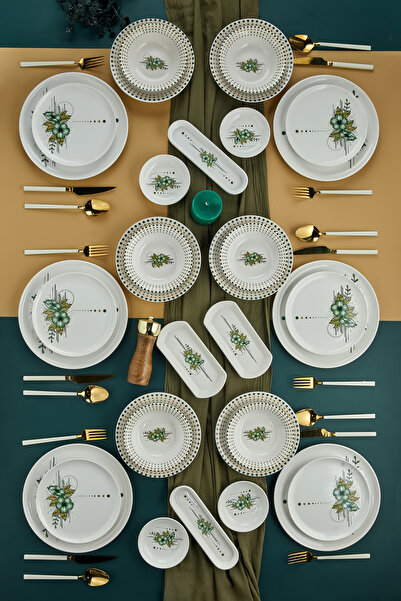 ers erbaşlar Pera Yeşil Çiçekli 32 Parça 6 Kişilik Lüx Yemek Takımı, Yemek Seti