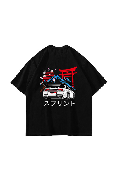 Sekizbiraltı Japanese Honda Sakura Printed Oversize Unisex Black Tshirt
