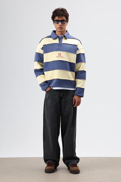 VAMOSCLO Oversize Striped Printed Sweatshirt Blue