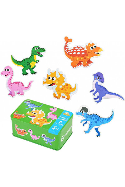 Zenva Cutie cu set de 6 puzzle-uri cu dinozauri, lemn/metal, multicolor, 16 x...