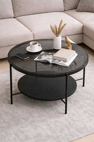 interGO CANA Cam Orta Sehpa | Füme Cam-Siyah Mdf