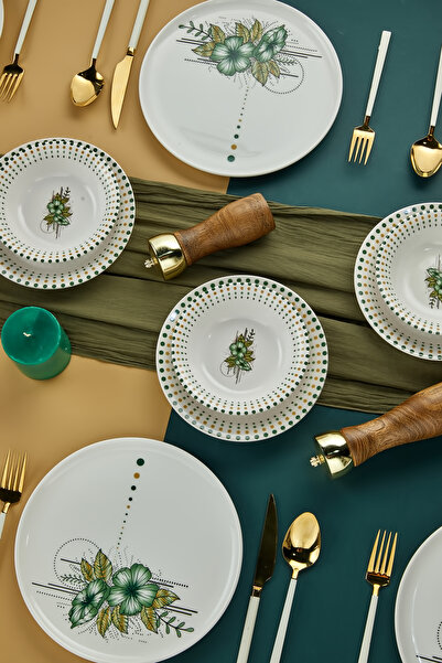 ers erbaşlar Pera Yeşil Çiçekli 18 Parça 6 Kişilik Lüx Yemek Takımı, Yemek Seti