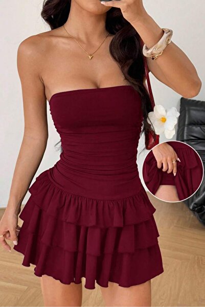 JE-TU Straplez Eteği Kat Kat Volanlı Şortlu Mini Elbise JT9330