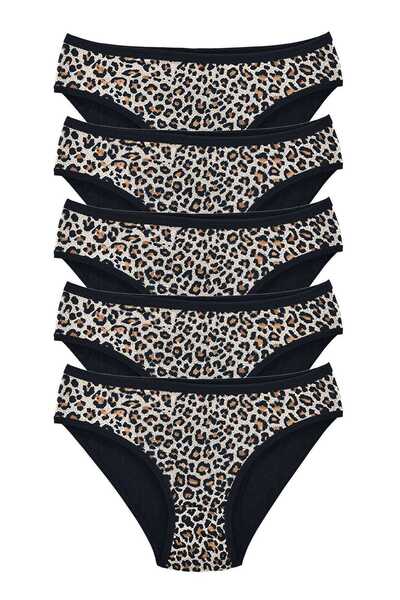 Mestore 5 Pieces Leopard Patterned Lycra Soft Textured Women's Slip Panties