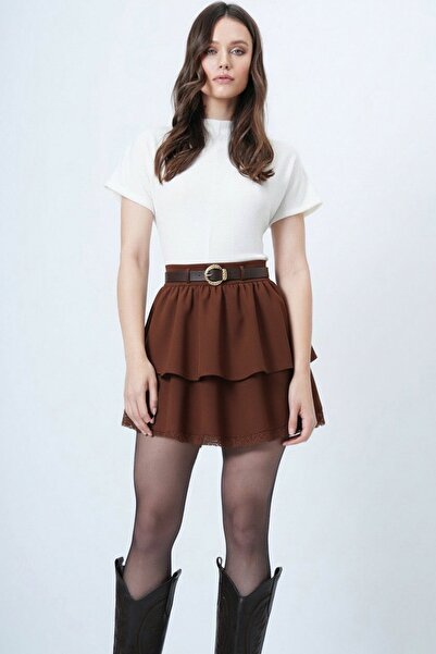 Trend Alaçatı Stili Women's brown zippered tiered ruffle lace detailed mini s...