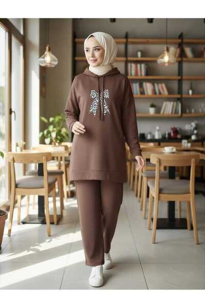 SHİROSA Hooded Ribbon-Printed Hijab Two-Piece Set