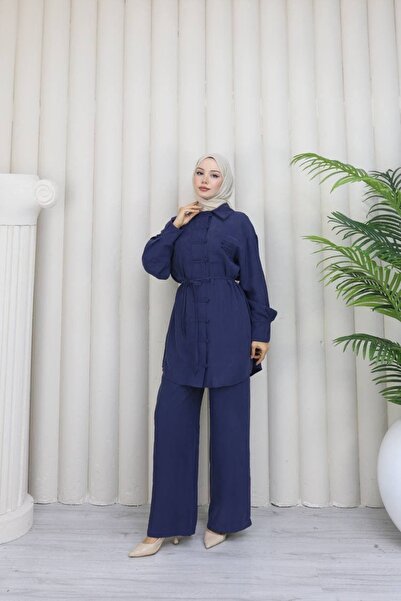 ankanoor Tunic Set with Pockets and Thin Belted Pants Anka264074