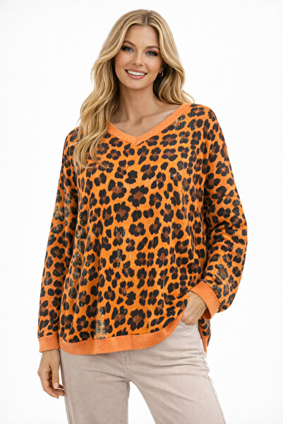 Butik Ayseba Park Moda Orange Leopard Patterned Gilded V-Neck Italian Blouse