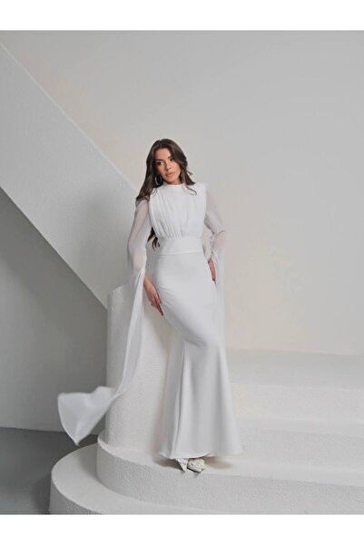 conconmoda Karen Tül Kol Korsaj Bağlamalı Uzun Elbise