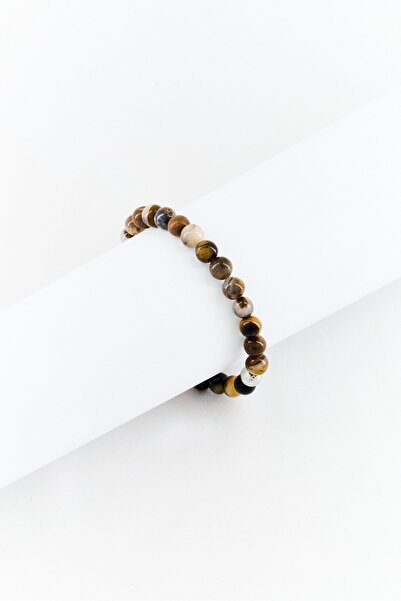 Steeltime Men Tiger Eye And Stainless Steel Beaded Bracelet, Brown