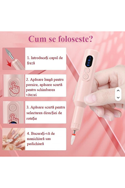 Zenva Pilă de unghii profesională, fără fir, pentru manichiură-pedichiură, 18000 RPM, 3 viteze, roz