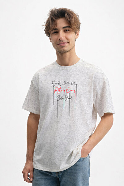caddekombin Muški Njujorški Krajovi Tekst Štampano okrugla kragna Siva T-shirt