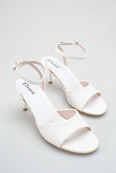 MALENTA Kadın İnce Topuklu Sandalet Beyaz Cilt Yuvarlak Burun Bilekten Bantlı...