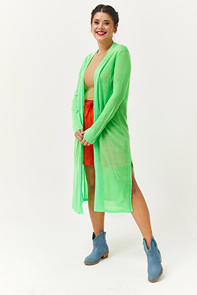 LE CARAMBOLE Women's Green Slim-Fit Long Knit Cardigan with Slits