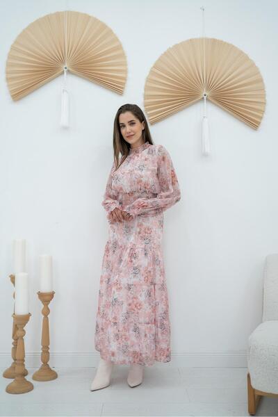 Leina Çiçek Desenli Şifon Tesettür Elbise