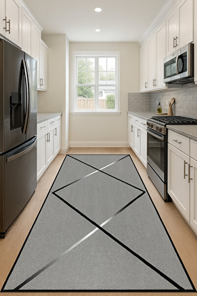 DOREM DİJİTAL BASKILI Kaymaz Taban Yıkanabilir Modern Mutfak Halısı Salon Hal...