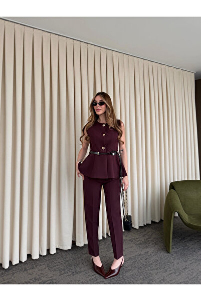 Laluvia Plum Belted Buttoned Vest - 9682