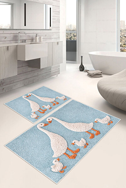 Mortapi Kaz Desenli Mavi Dijital Baskılı Kaymaz Taban Yıkanabilir 2’li Banyo ...