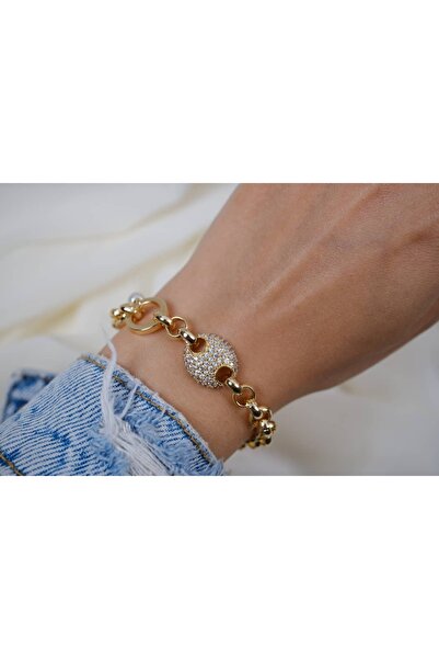 ATELİER TUĞBA Blk234 Zircon Stone Medium Plate Gold Bracelet (19 cm + 3 cm Ex...