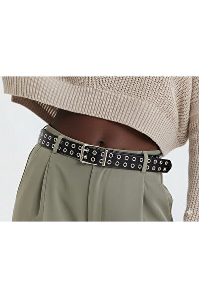 Versla Çift Sıra Metal Zımba Delikli Sokak Stili Kadın Kemer