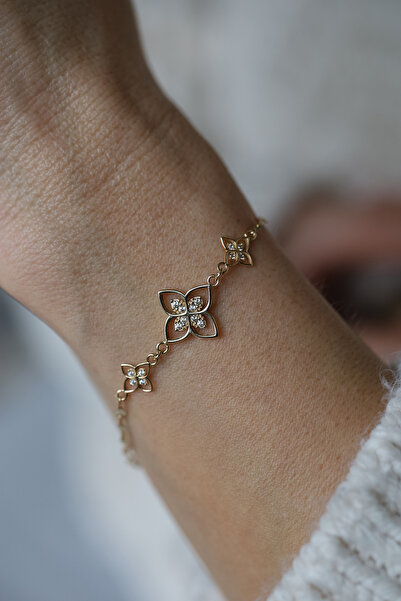 Yenigün Kuyumculuk 14 Ayar Altın Taşlı Süzme Yonca Bileklik TKM32307