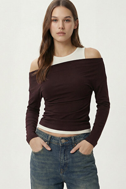 Lovelyİstanbul Open-Shoulder Athlete Viscose Blouse Llw0005 Mürdüm Ecru