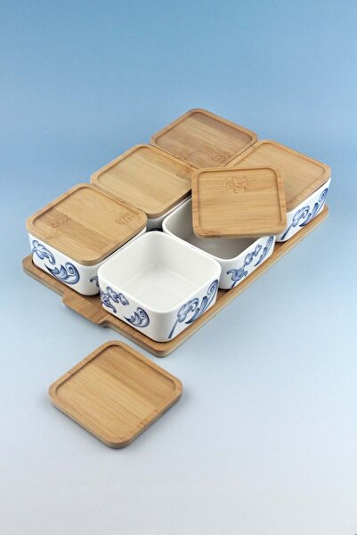 Bursa Porselen Dekor Blue Blanc 6-Piece Porcelain Breakfast Set with Bamboo Lids
