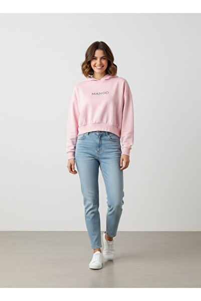 HEVES BUTIK Pembe Baskılı Detaylı Yarım Bel Kapüşonlu Sweatshirt
