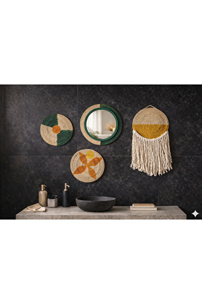 kattuna Bohem Duvar Dekorasyonu Aynalı 4’Lü Jüt Set