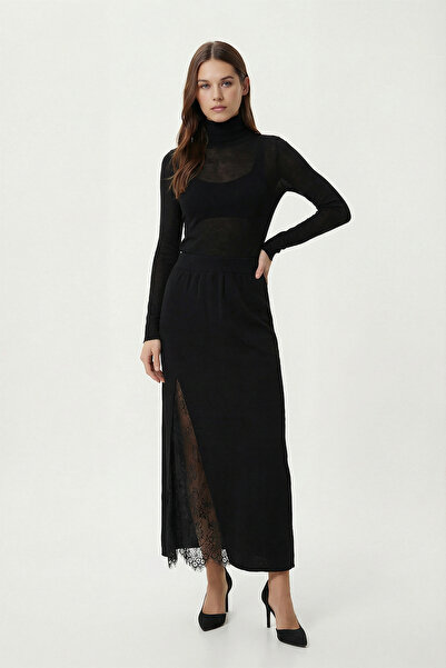 Lovelyİstanbul Contrast Lace Detailed Long Knitwear Skirt Lyy0136 Black