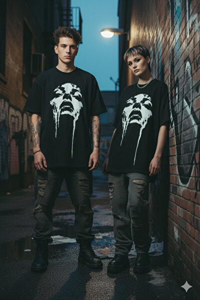 FUWEAR Tricou negru din bumbac pieptănat, oversize, cu design grunge - Unisex